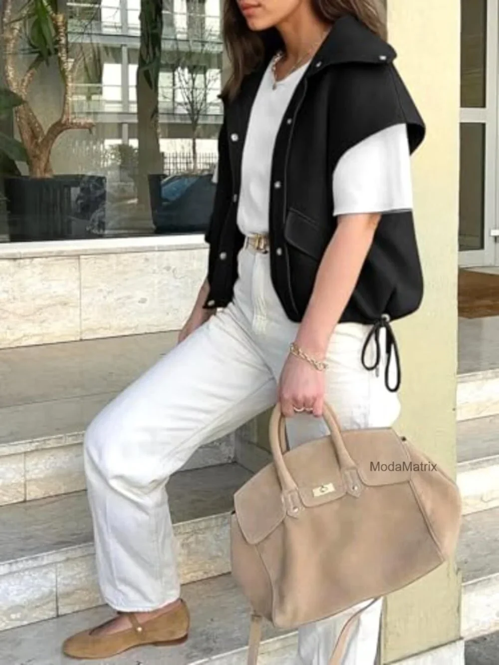 Oversized Vest Cropped Button Down Lapel Collar Casual Drawstring Outerwear_5